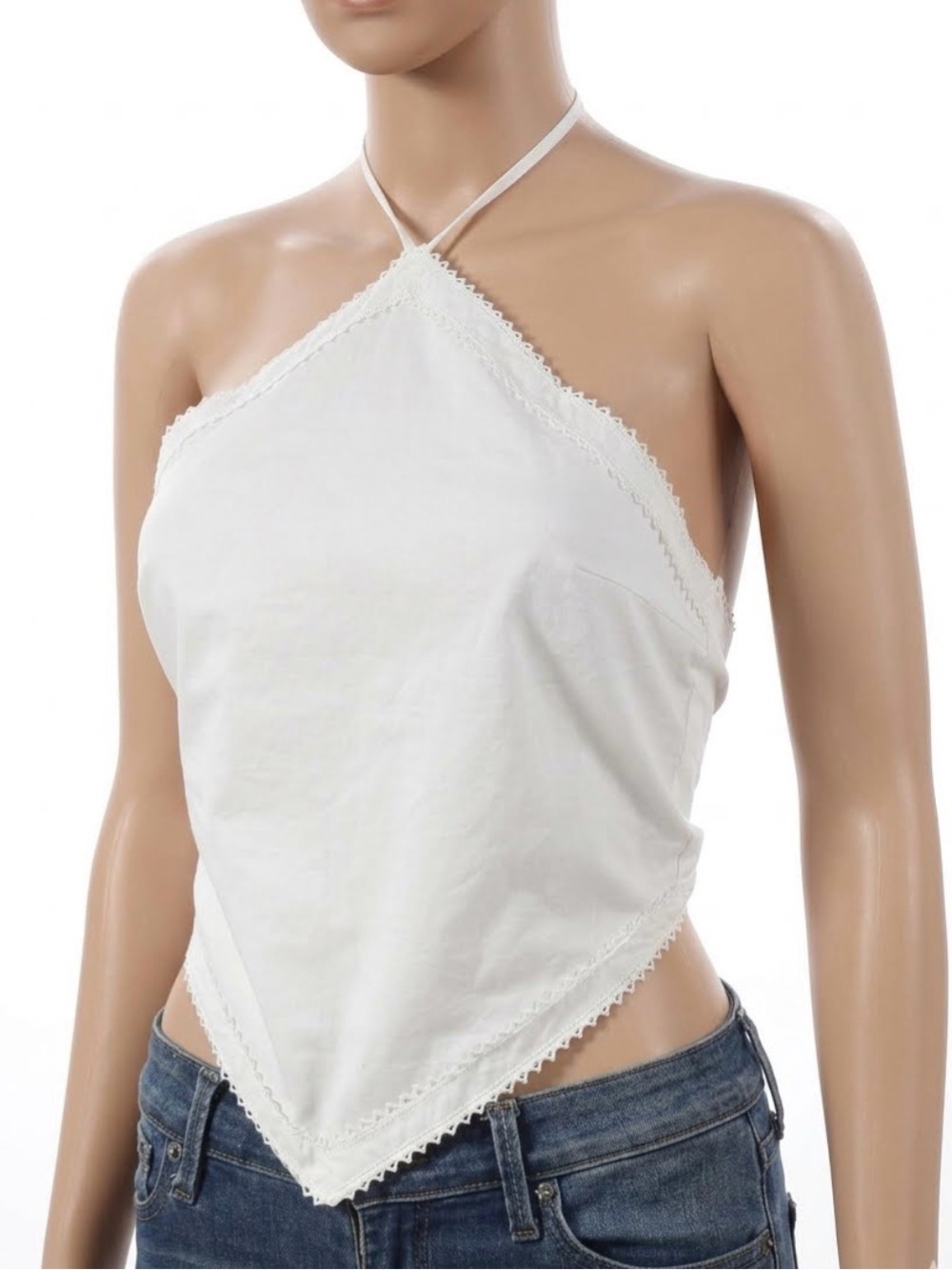 ZARA Lace Trim Handkerchief Hem Neck Tie Lined Halter Top White XL